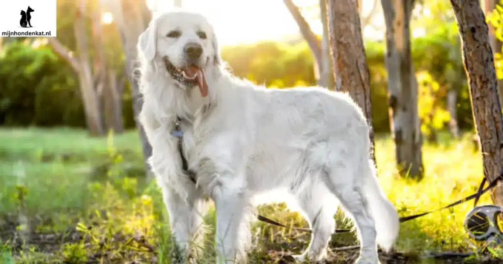 Gezonde Golden Retriever x Husky met heldere blauwe ogen buiten
