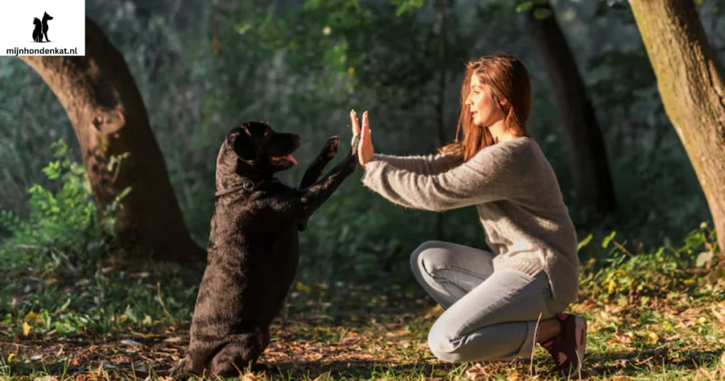 Jonge Golden Retriever mix oefent met wandelen aan de lijn buiten.