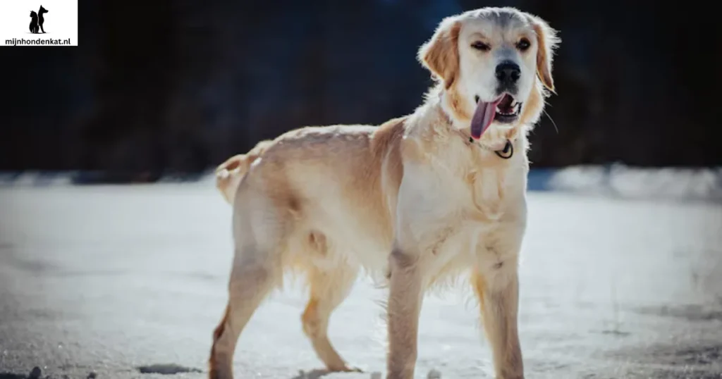 Golden Retriever kruising eet voedzame voeding voor sterke spieren en glanzende vacht.